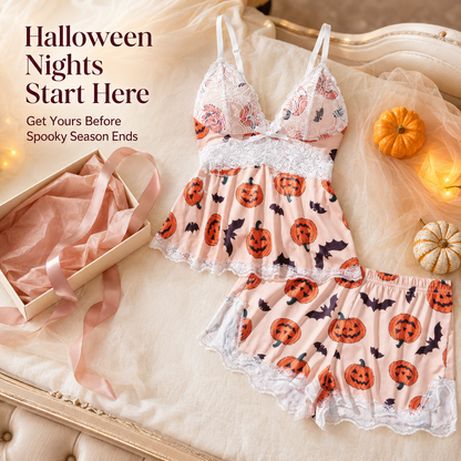 🎃 Halloween Pumpkin Lace Pajama Set | 2-Piece Sleepwear
