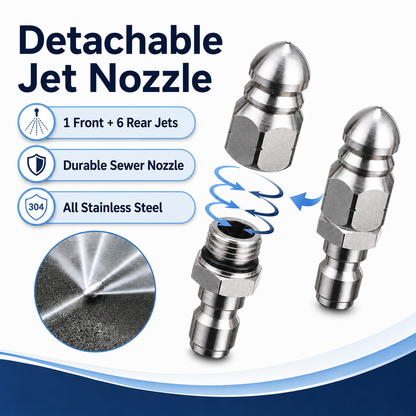 Stainless Steel Sewer Jetter Nozzle – High-Pressure Drain Cleaning Tool for Pressure Washers with 1/4" Quick Connector