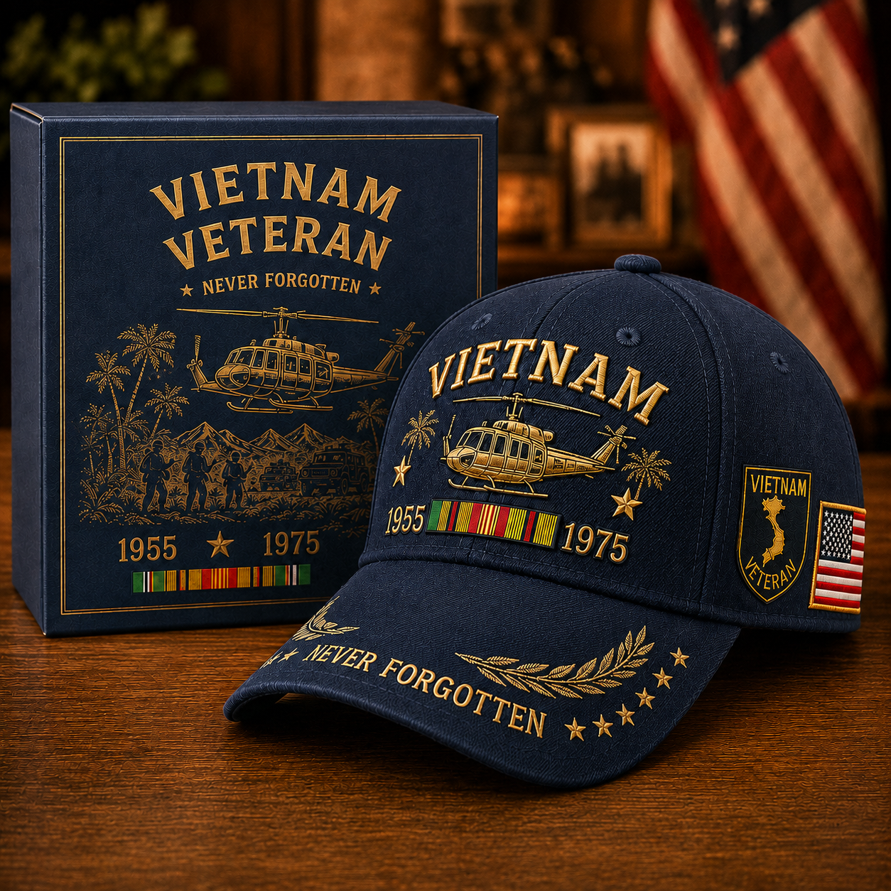 Navy blue commemorative embroidered veteran cap