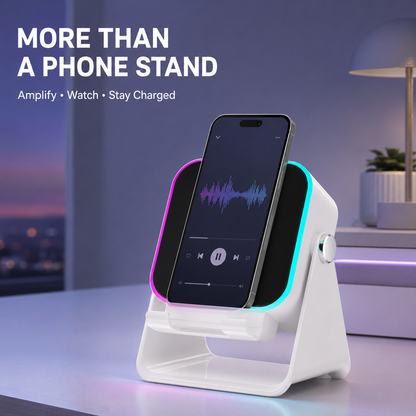 🎵 5-in-1 Wireless Induction Speaker & Adjustable Phone Stand with RGB Light