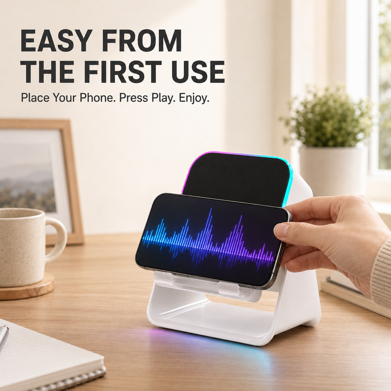 🎵 5-in-1 Wireless Induction Speaker & Adjustable Phone Stand with RGB Light