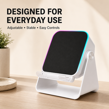 🎵 5-in-1 Wireless Induction Speaker & Adjustable Phone Stand with RGB Light