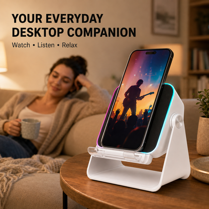 🎵 5-in-1 Wireless Induction Speaker & Adjustable Phone Stand with RGB Light