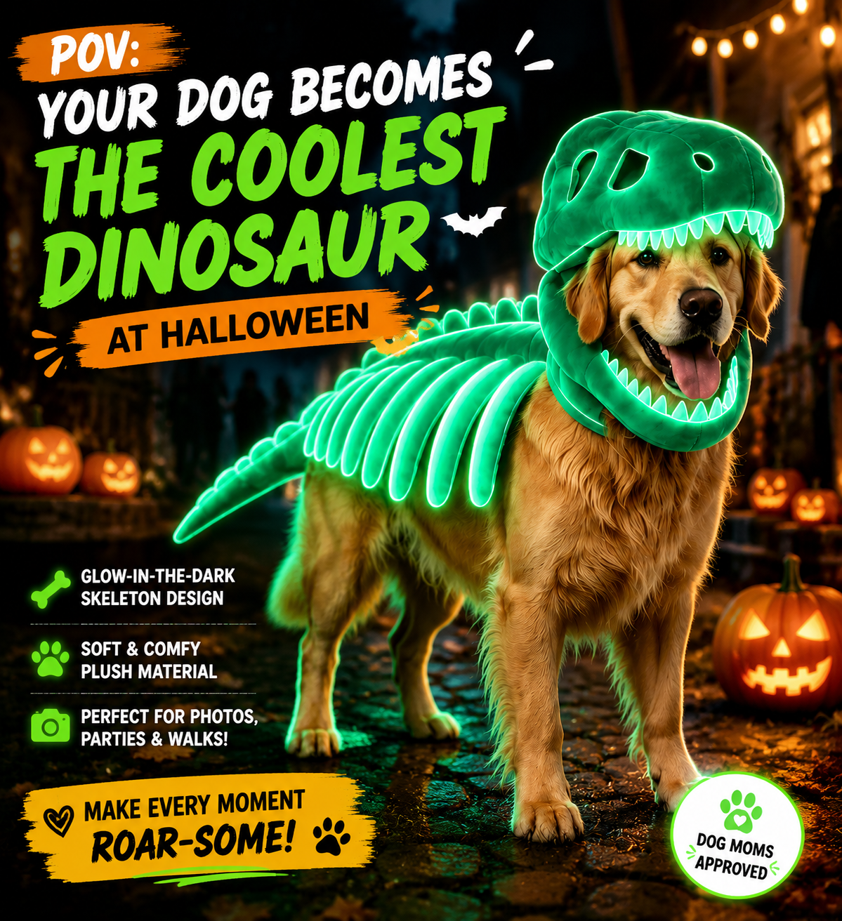 🦖 T-Rex Dinosaur Dog Costume | Glow Skeleton Halloween Outfit For Pets