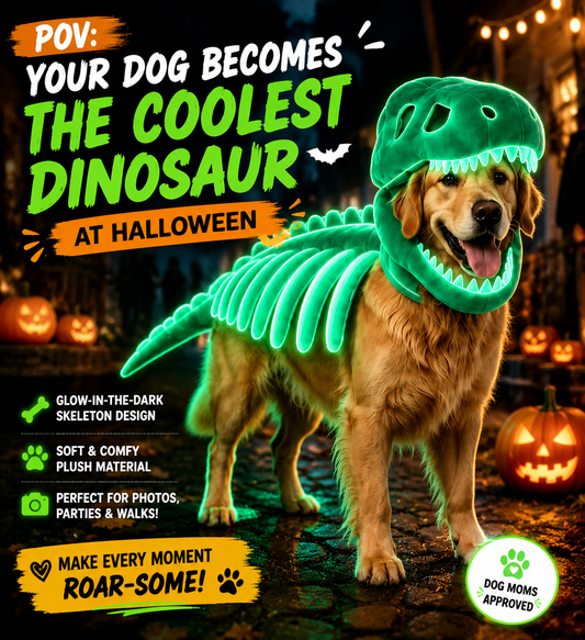 🦖 T-Rex Dinosaur Dog Costume | Glow Skeleton Halloween Outfit For Pets