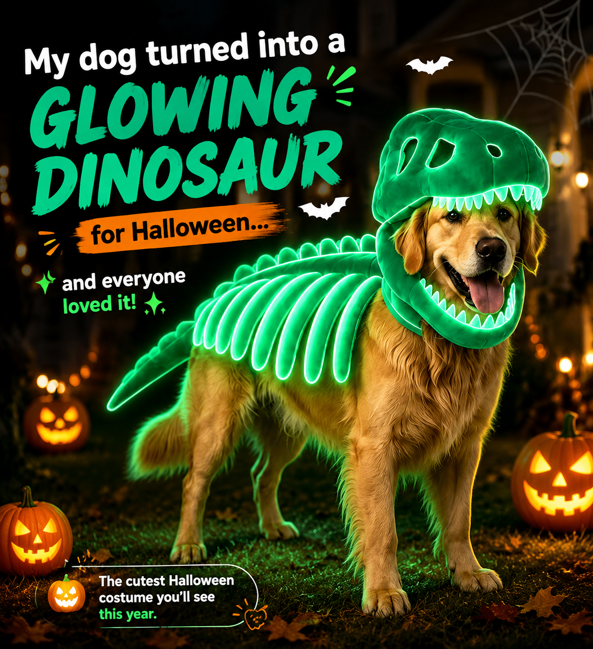 🦖 T-Rex Dinosaur Dog Costume | Glow Skeleton Halloween Outfit For Pets
