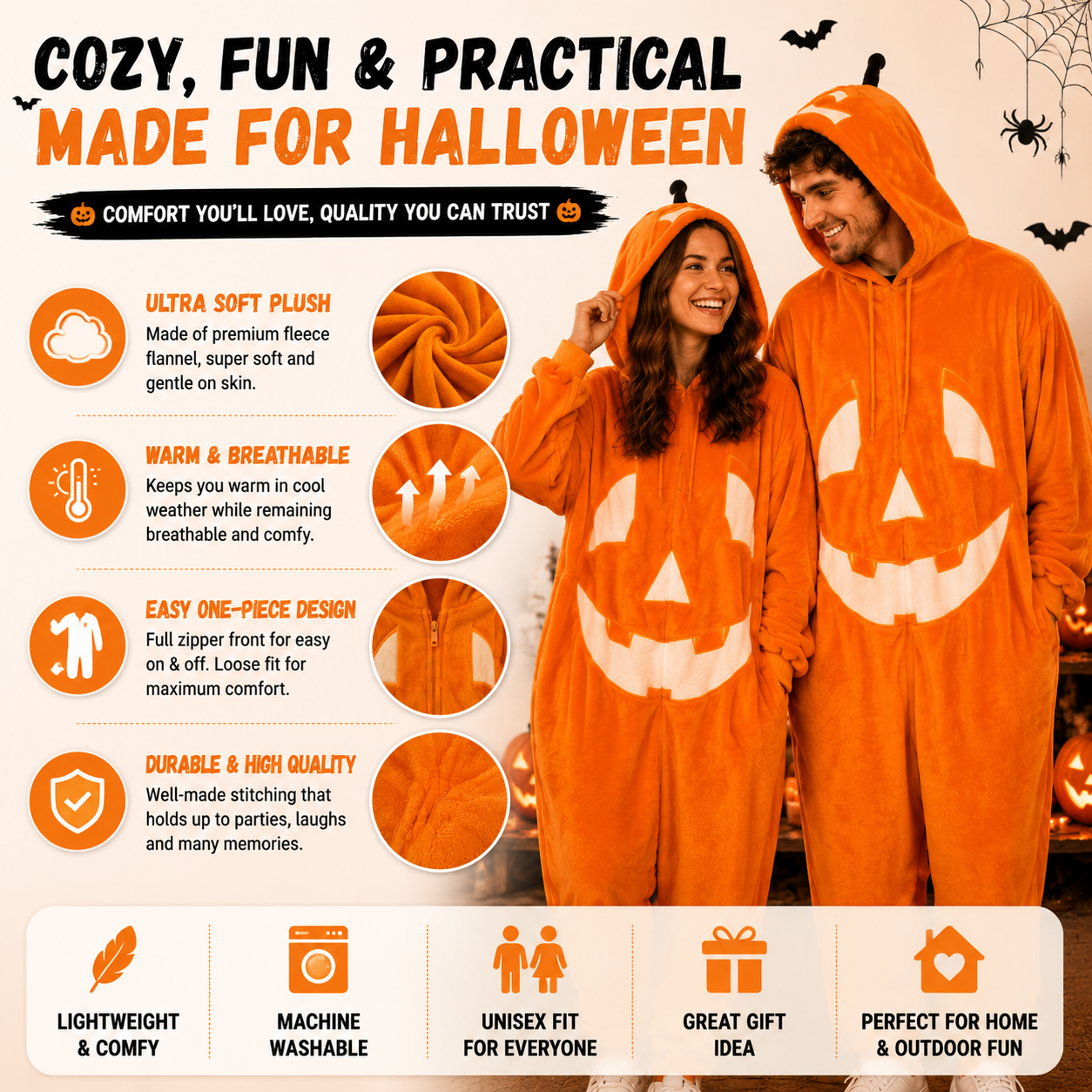 🔥50% off on the last day| 🎃 Pumpkin Plush Halloween Onesie – Cozy Fleece Costume Pajama for Women & Men