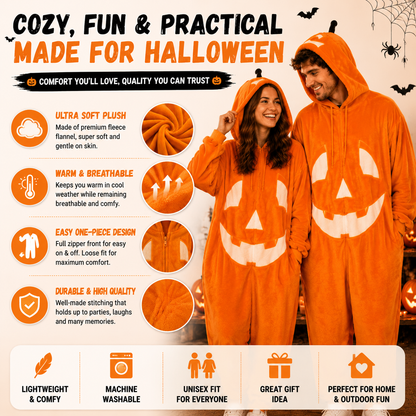 🔥50% off on the last day| 🎃 Pumpkin Plush Halloween Onesie – Cozy Fleece Costume Pajama for Women & Men