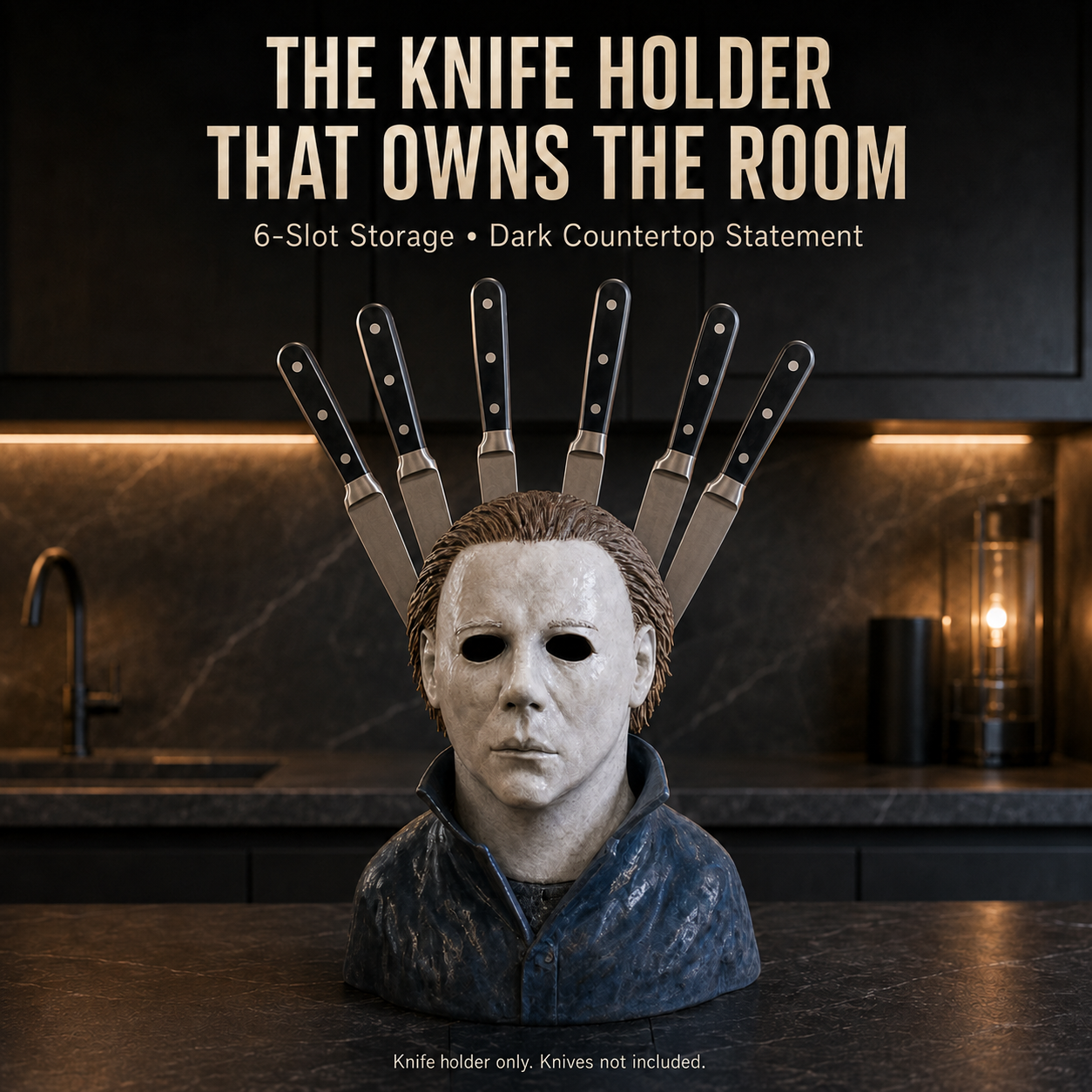 🔪 Horror Mask Bust 6-Slot Knife Holder – Gothic Kitchen Countertop Display