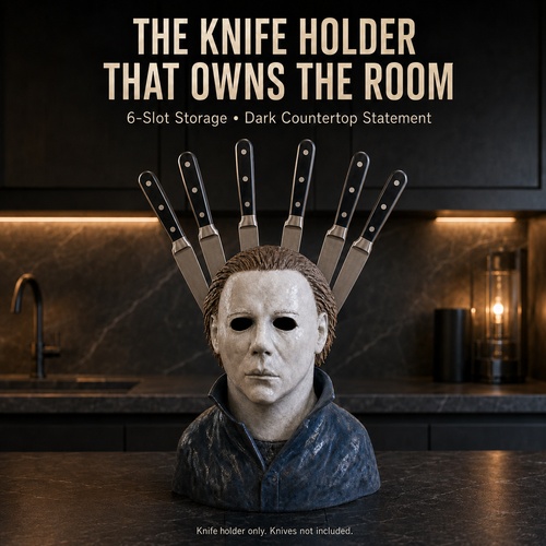🔪 Horror Mask Bust 6-Slot Knife Holder – Gothic Kitchen Countertop Display