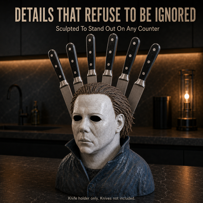 🔪 Horror Mask Bust 6-Slot Knife Holder – Gothic Kitchen Countertop Display
