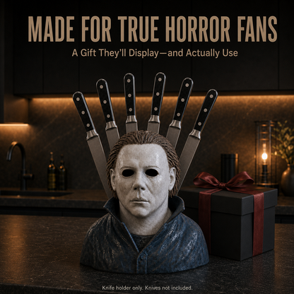 🔪 Horror Mask Bust 6-Slot Knife Holder – Gothic Kitchen Countertop Display