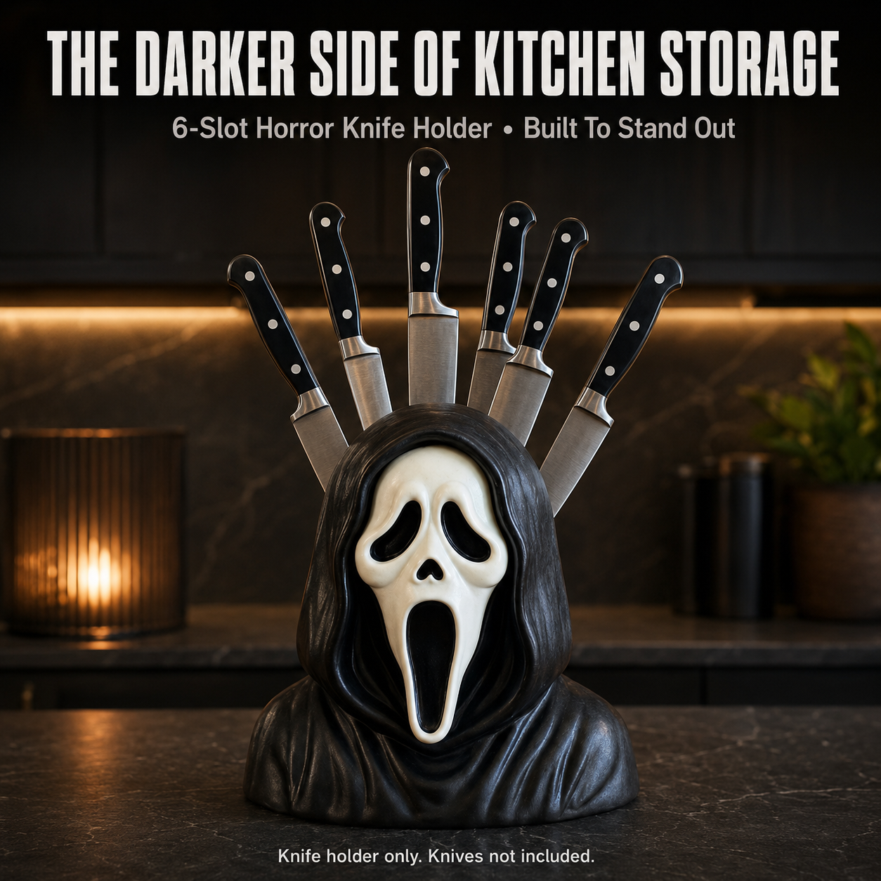 🔪 Horror Mask Bust 6-Slot Knife Holder – Gothic Kitchen Countertop Display