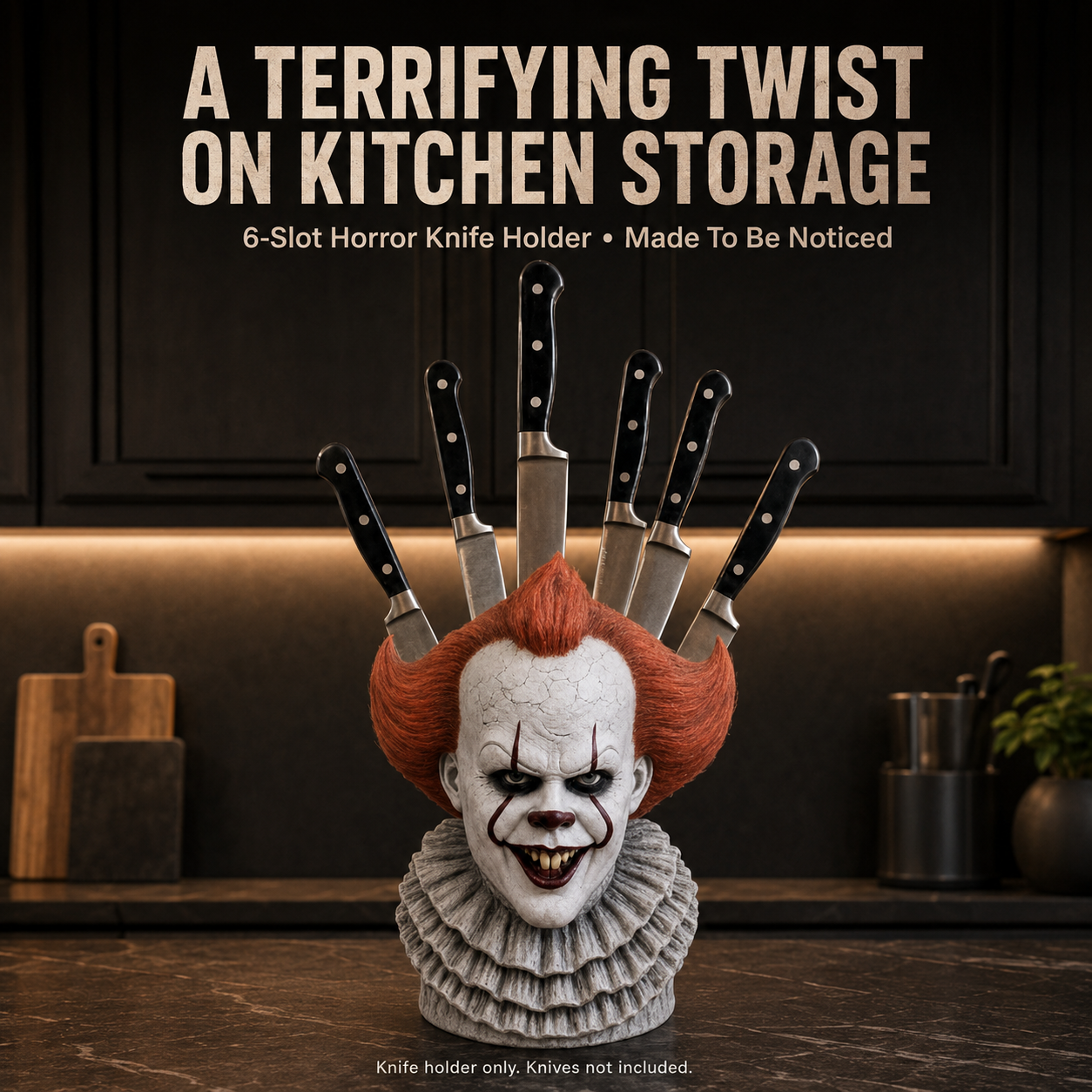 🔪 Horror Mask Bust 6-Slot Knife Holder – Gothic Kitchen Countertop Display