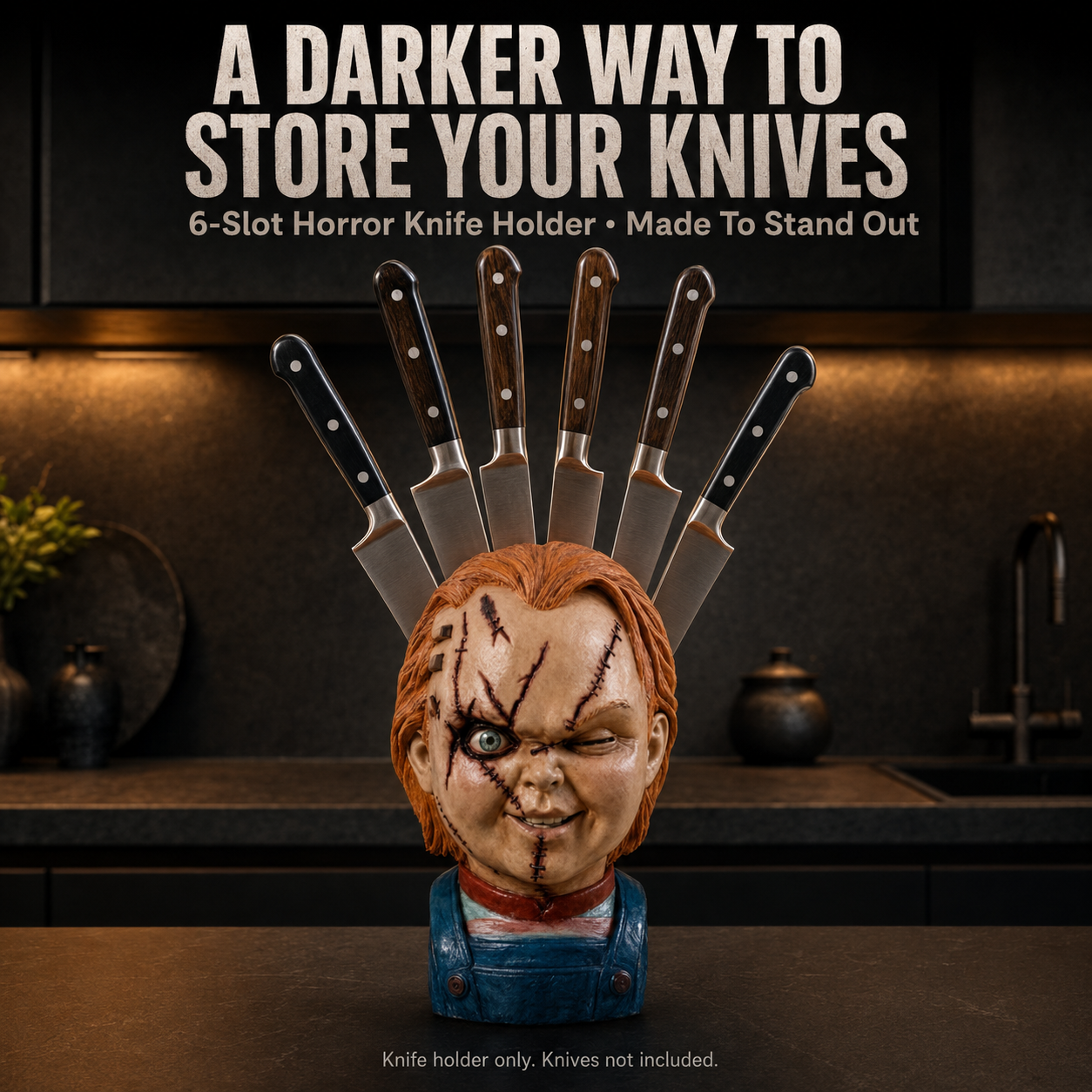 🔪 Horror Mask Bust 6-Slot Knife Holder – Gothic Kitchen Countertop Display