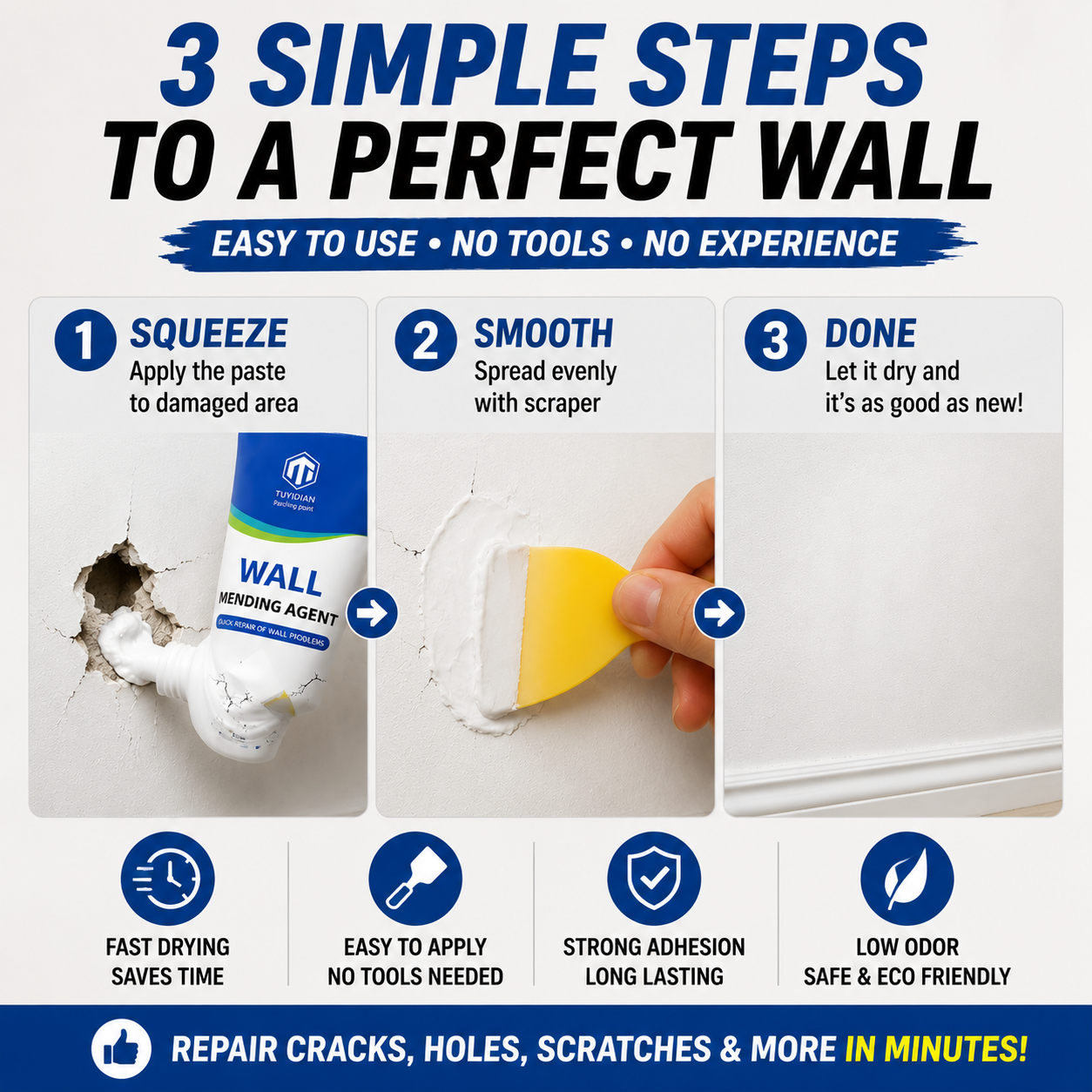 🧴 Fix Wall Holes in Minutes – No Tools, No Mess, No Expensive Repair