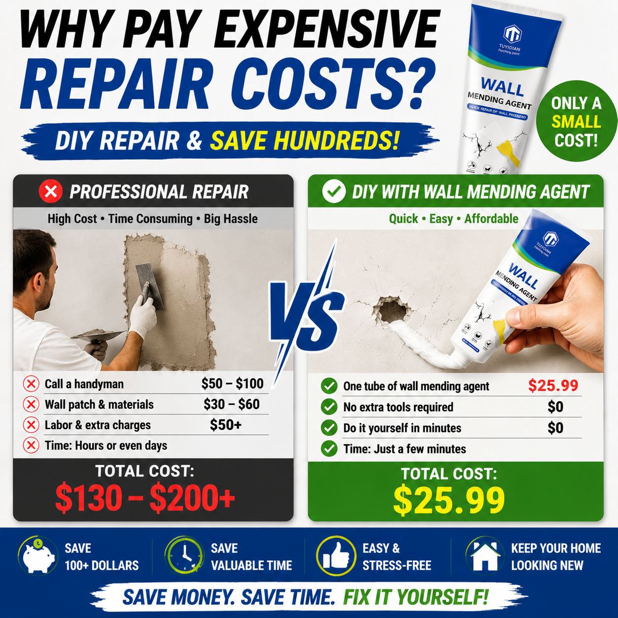 🧴 Fix Wall Holes in Minutes – No Tools, No Mess, No Expensive Repair