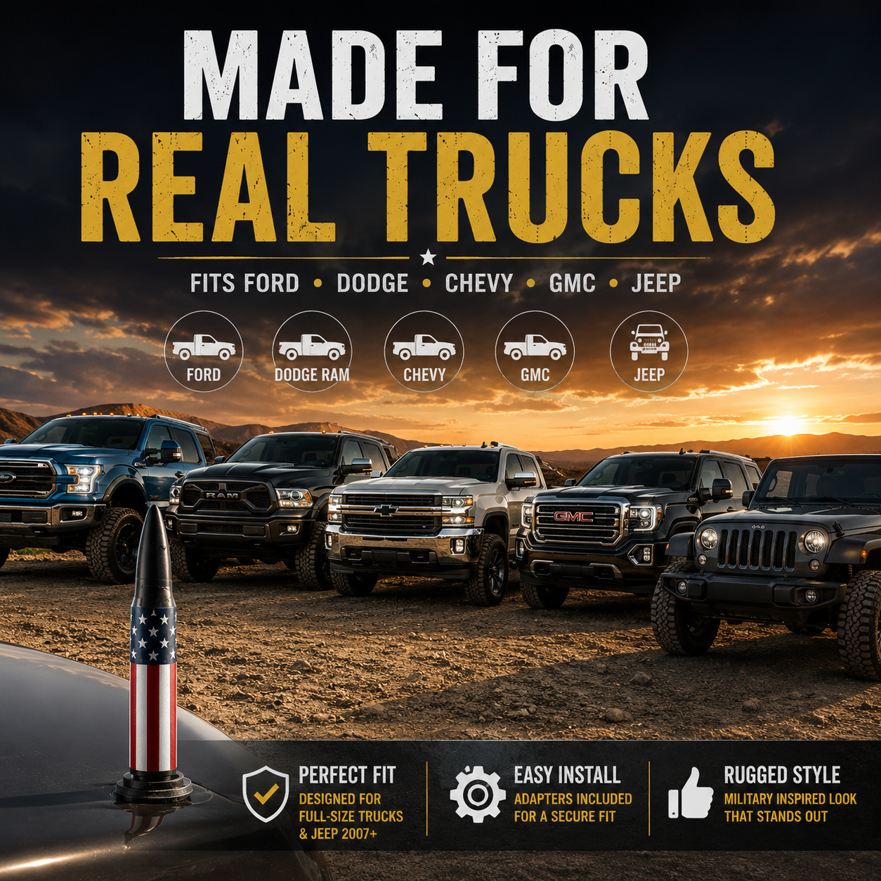 🔥 50% OFF | Universal 50 Cal Bullet Antenna | 9 Adapters Included | Fits Most Vehicles