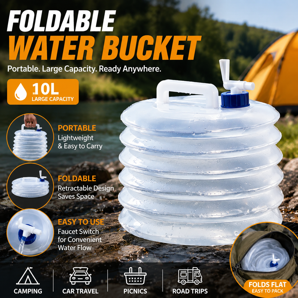 Foldable camping water container with faucet at campsite