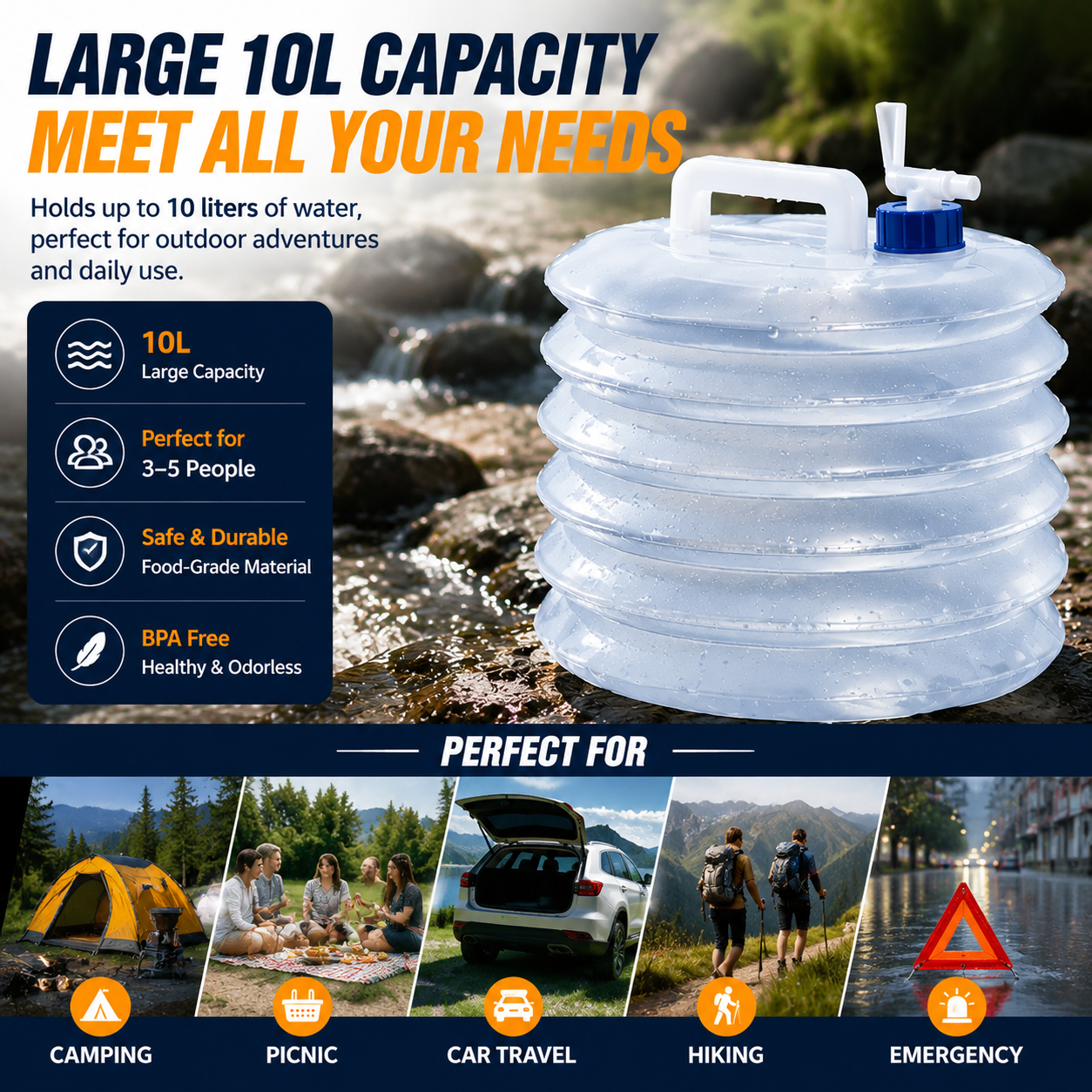 Portable water storage container used for outdoor travel and emergency situations