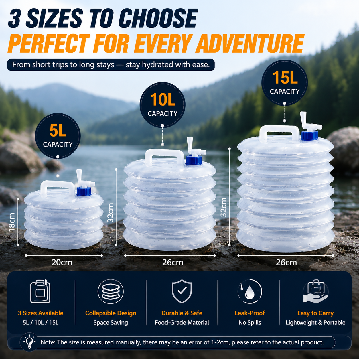 Three foldable camping water container capacity options