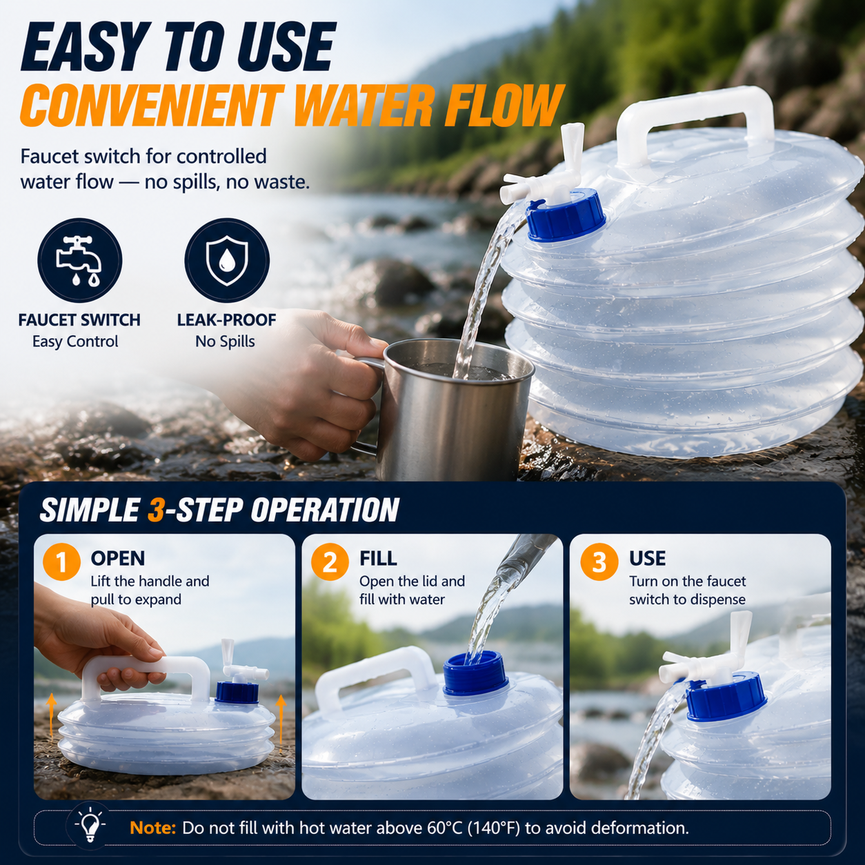 Three step operation of foldable camping water container