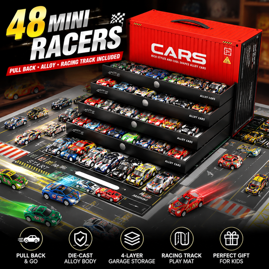 🚨⏳ Last Day 50% OFF! 🚗 48PCS Pull-Back Alloy Racing Car Set | 4-Layer Garage Storage & Racing Track Play Mat 🎁