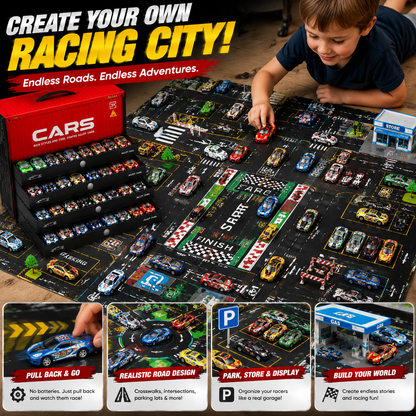 🚨⏳ Last Day 50% OFF! 🚗 48PCS Pull-Back Alloy Racing Car Set | 4-Layer Garage Storage & Racing Track Play Mat 🎁