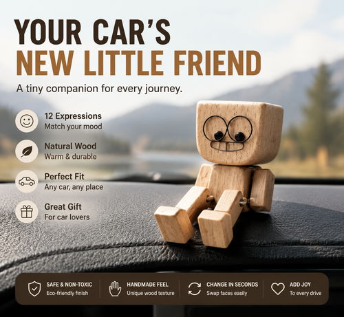 🚗 Wooden Mood Dashboard Buddy – 12 Expressions Cute Car Interior Decor
