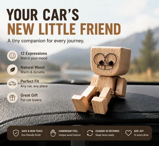🚗 Wooden Mood Dashboard Buddy – 12 Expressions Cute Car Interior Decor