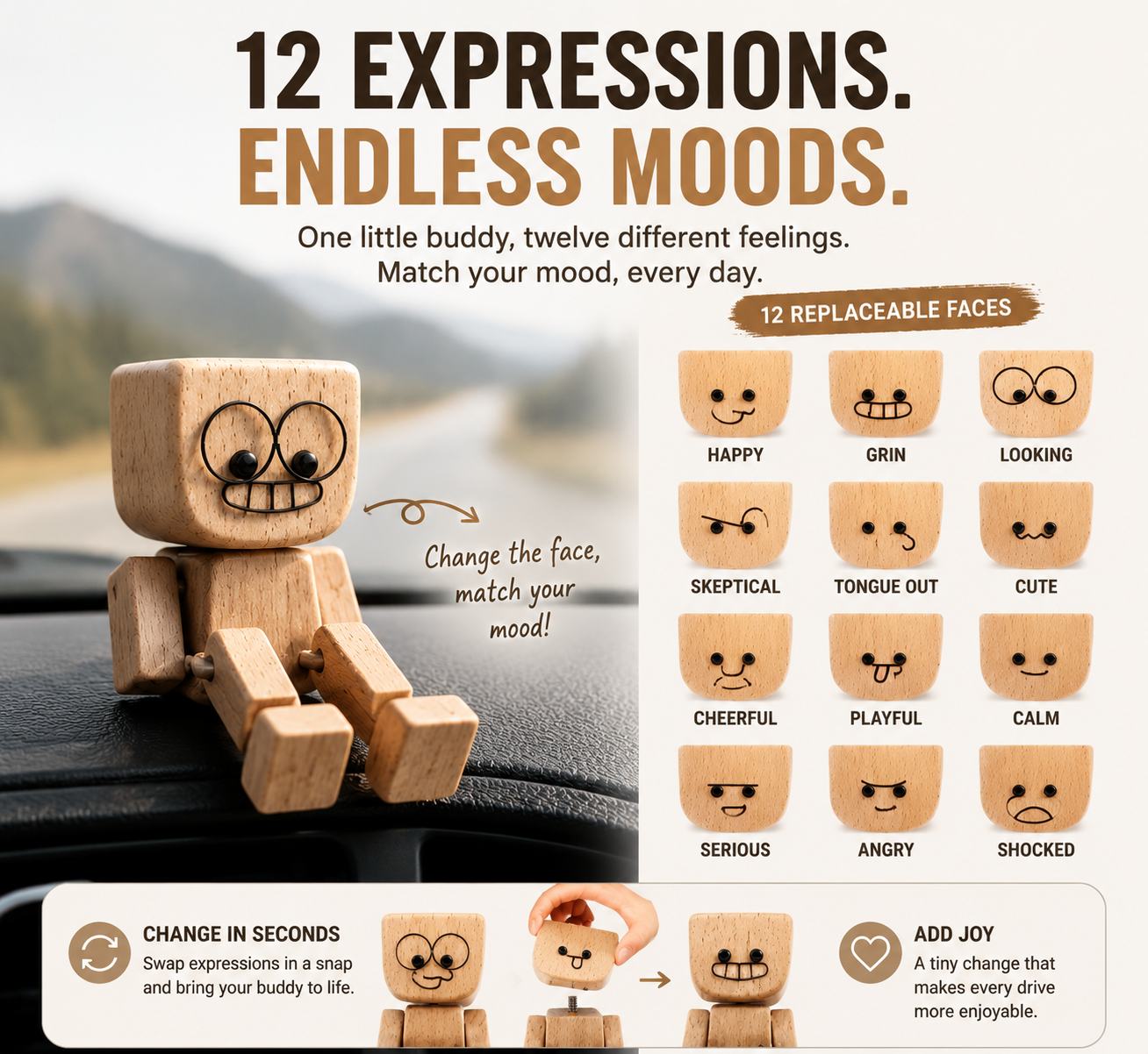 🚗 Wooden Mood Dashboard Buddy – 12 Expressions Cute Car Interior Decor