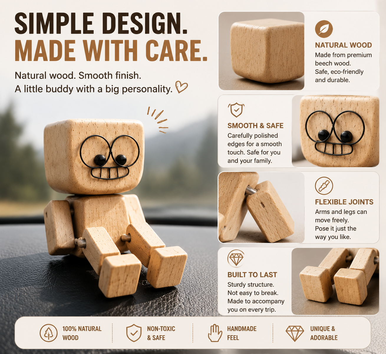 🚗 Wooden Mood Dashboard Buddy – 12 Expressions Cute Car Interior Decor