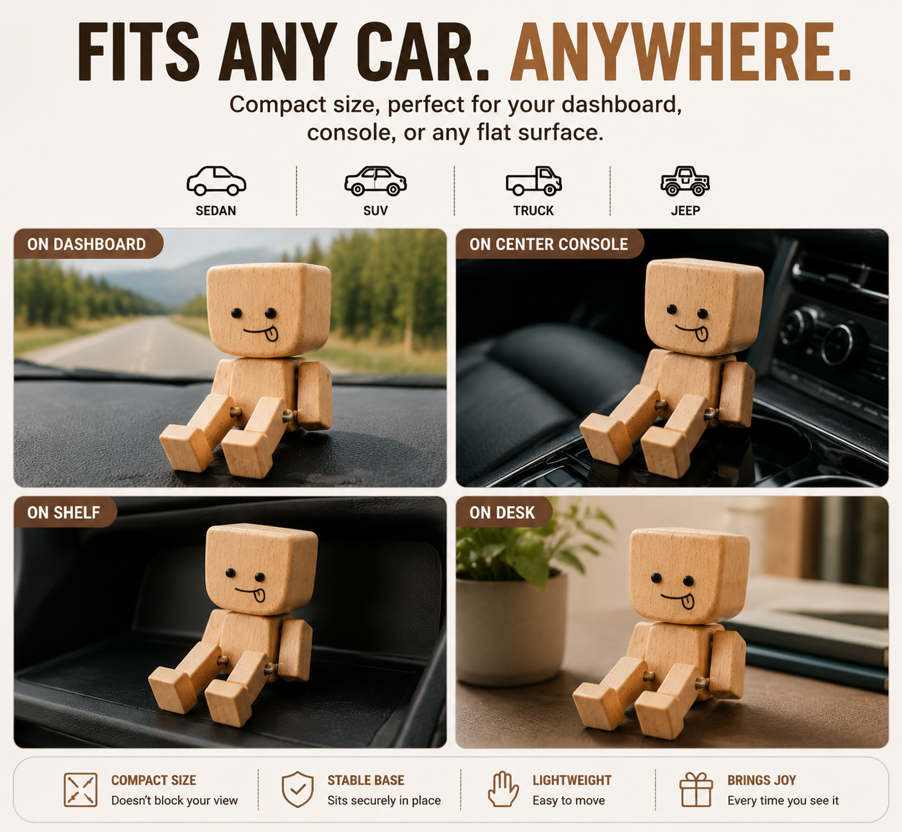 🚗 Wooden Mood Dashboard Buddy – 12 Expressions Cute Car Interior Decor