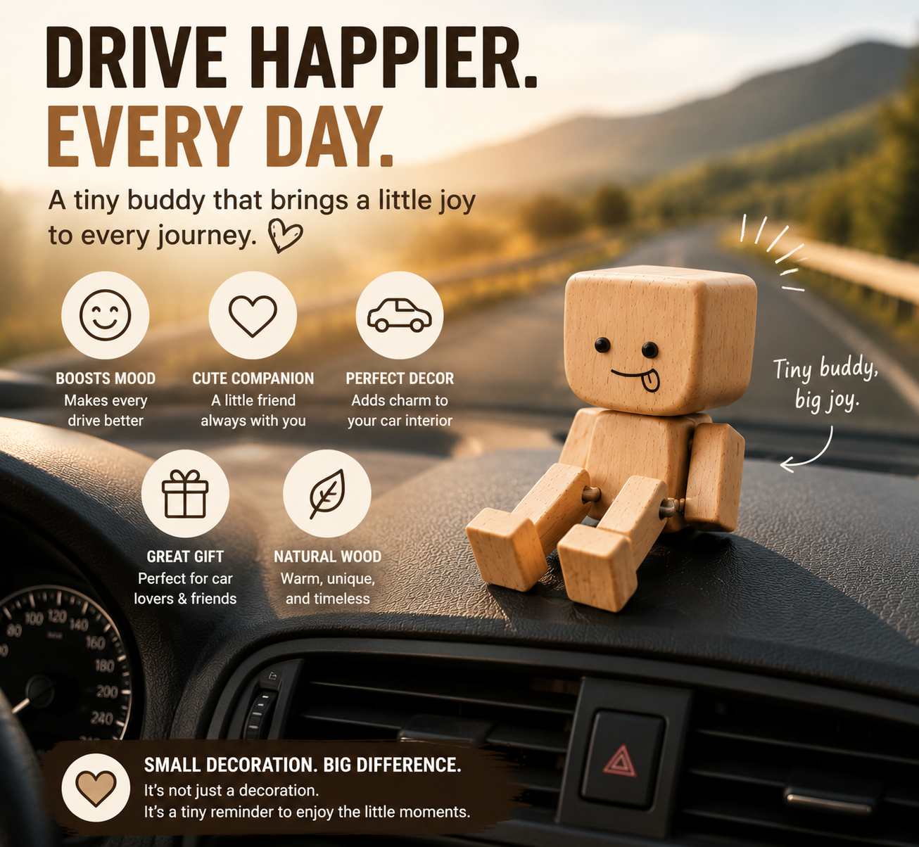 🚗 Wooden Mood Dashboard Buddy – 12 Expressions Cute Car Interior Decor