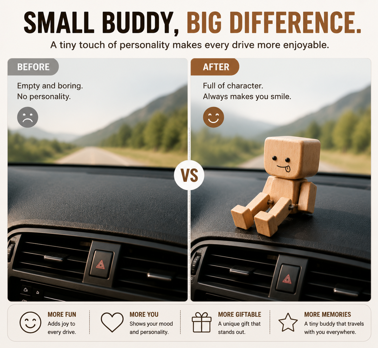 🚗 Wooden Mood Dashboard Buddy – 12 Expressions Cute Car Interior Decor