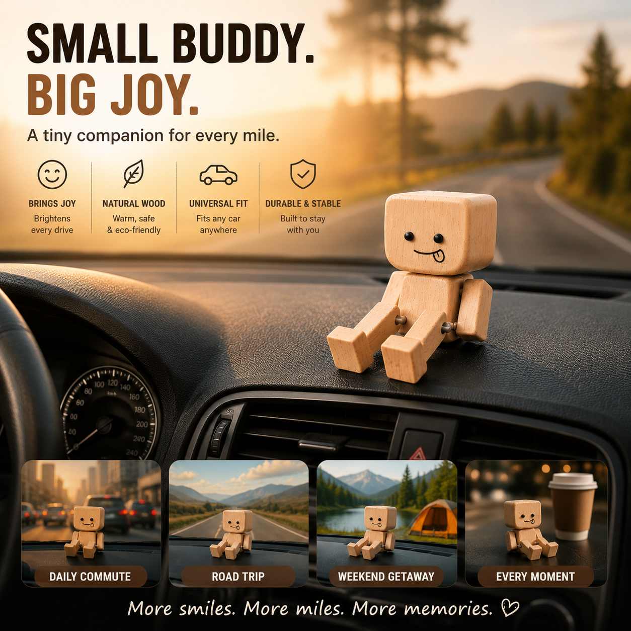 🚗 Wooden Mood Dashboard Buddy – 12 Expressions Cute Car Interior Decor
