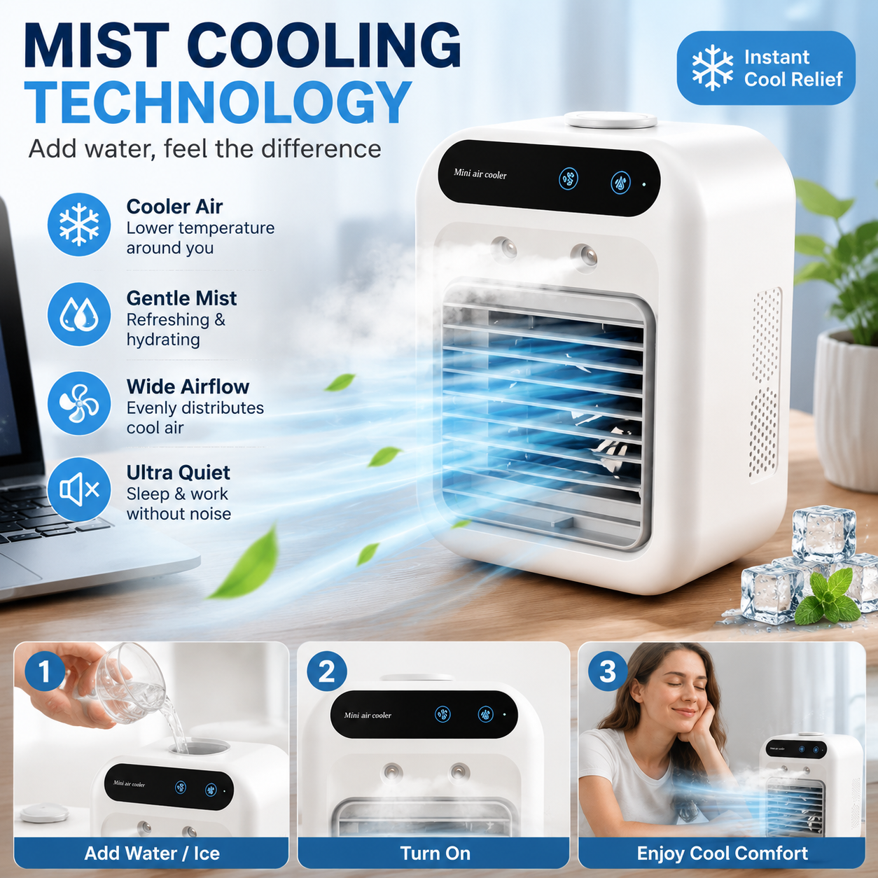 🥶 Portable Mini Air Conditioner Fan – Personal Cooling Mist Fan For Desk & Home