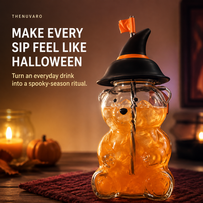 🎃 Witch Hat Bear Glass Tumbler with Straw