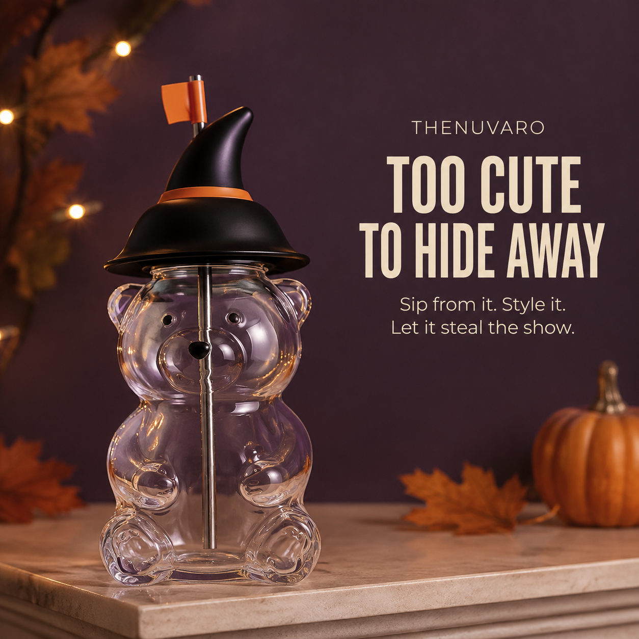 🎃 Witch Hat Bear Glass Tumbler with Straw