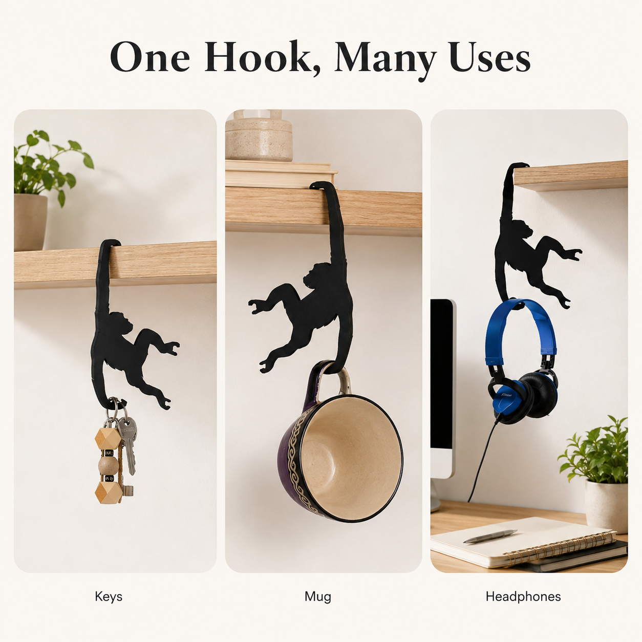 Monkey Hanger Hooks – 3-Pack Space-Saving Utility Hooks