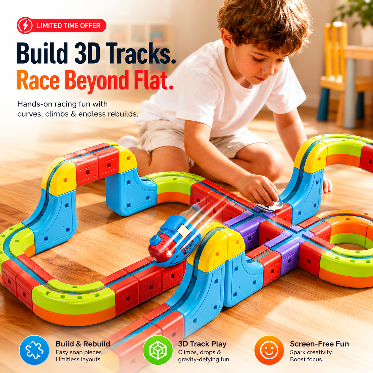 🔥66-Piece Set ,Build, Flip & Race 3D Track Set