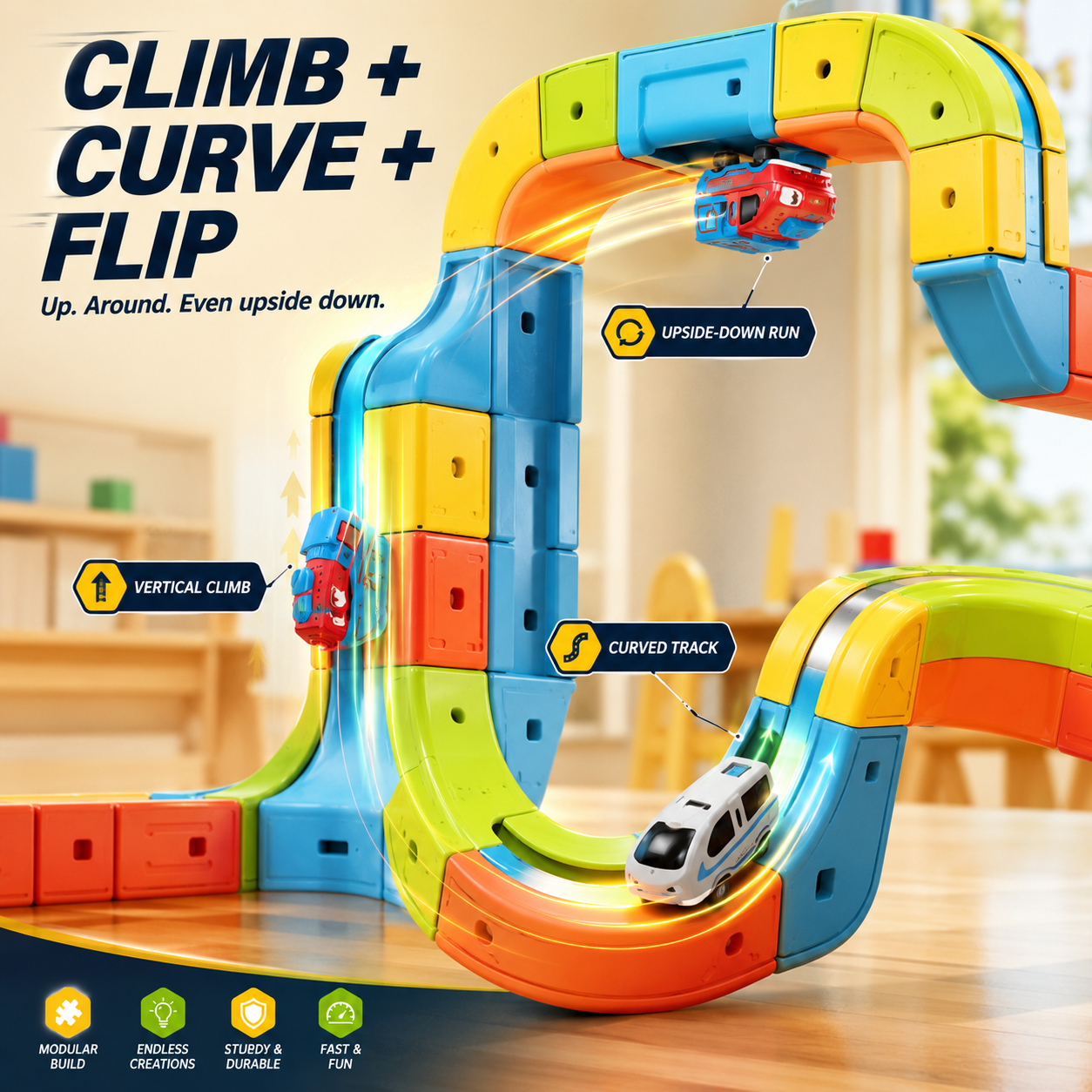 🔥66-Piece Set ,Build, Flip & Race 3D Track Set