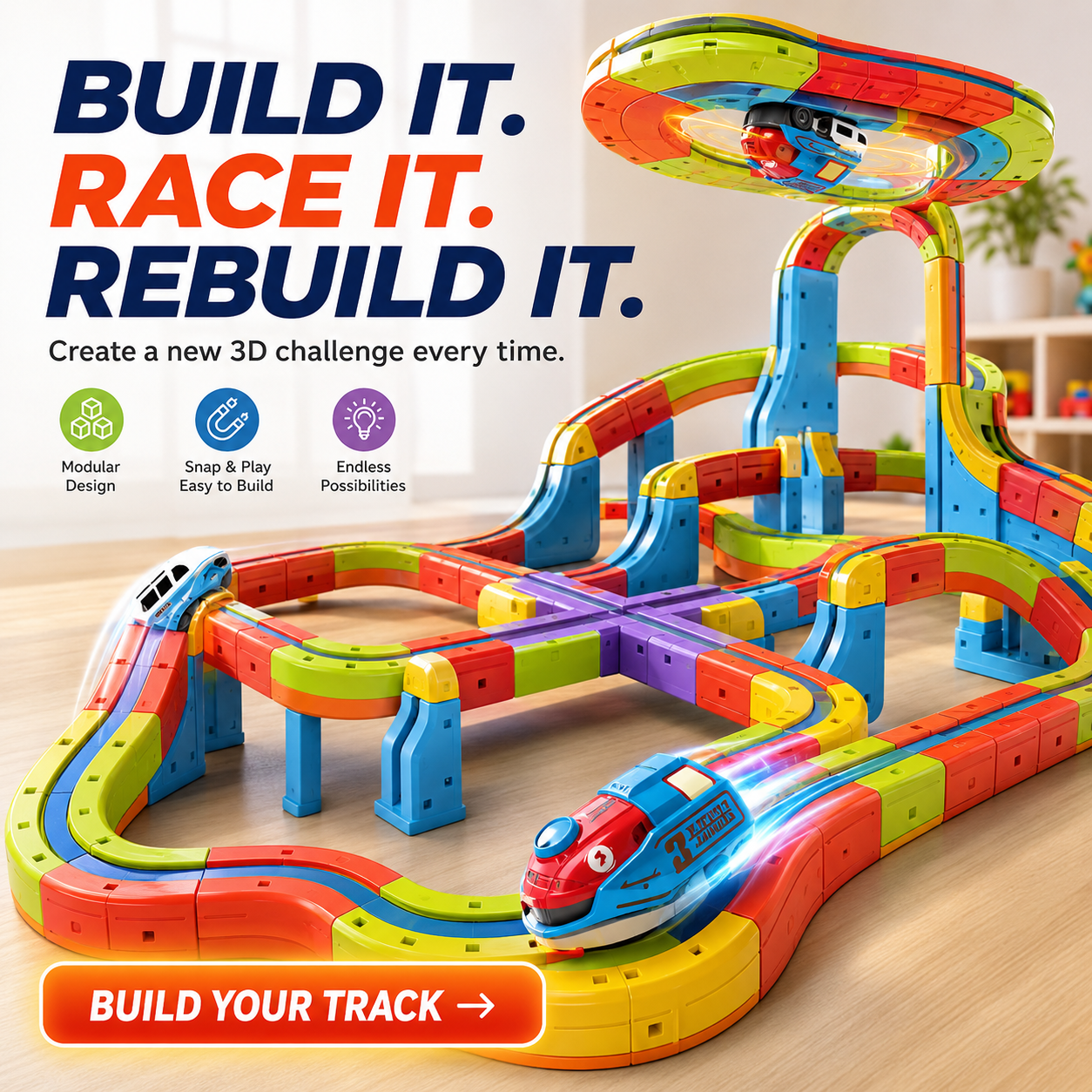 🔥66-Piece Set ,Build, Flip & Race 3D Track Set