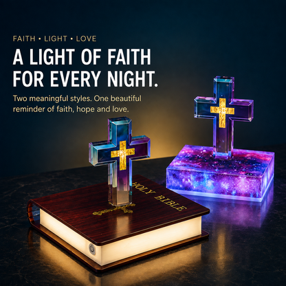 ✝️ Christian Cross LED Night Light – Holy Bible & Galaxy Base
