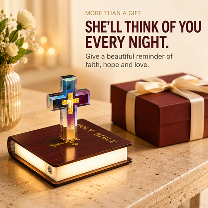 ✝️ Christian Cross LED Night Light – Holy Bible & Galaxy Base