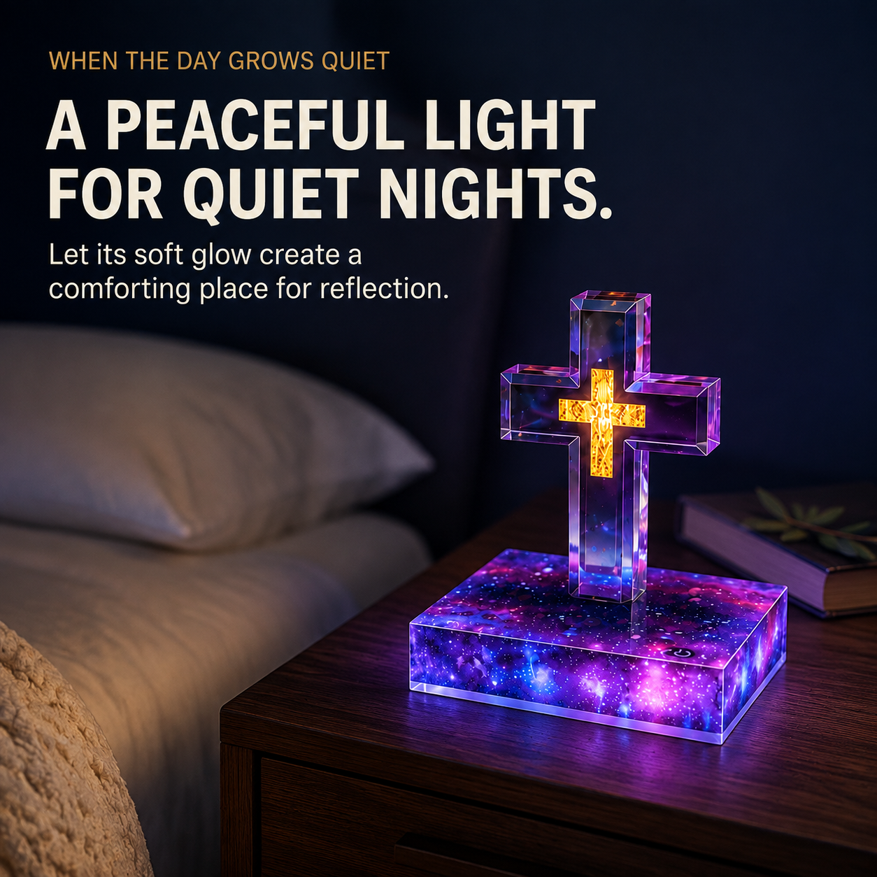 ✝️ Christian Cross LED Night Light – Holy Bible & Galaxy Base