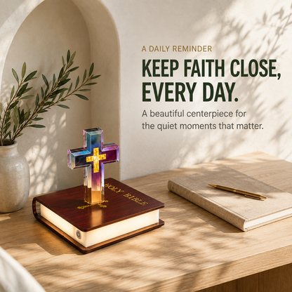 ✝️ Christian Cross LED Night Light – Holy Bible & Galaxy Base