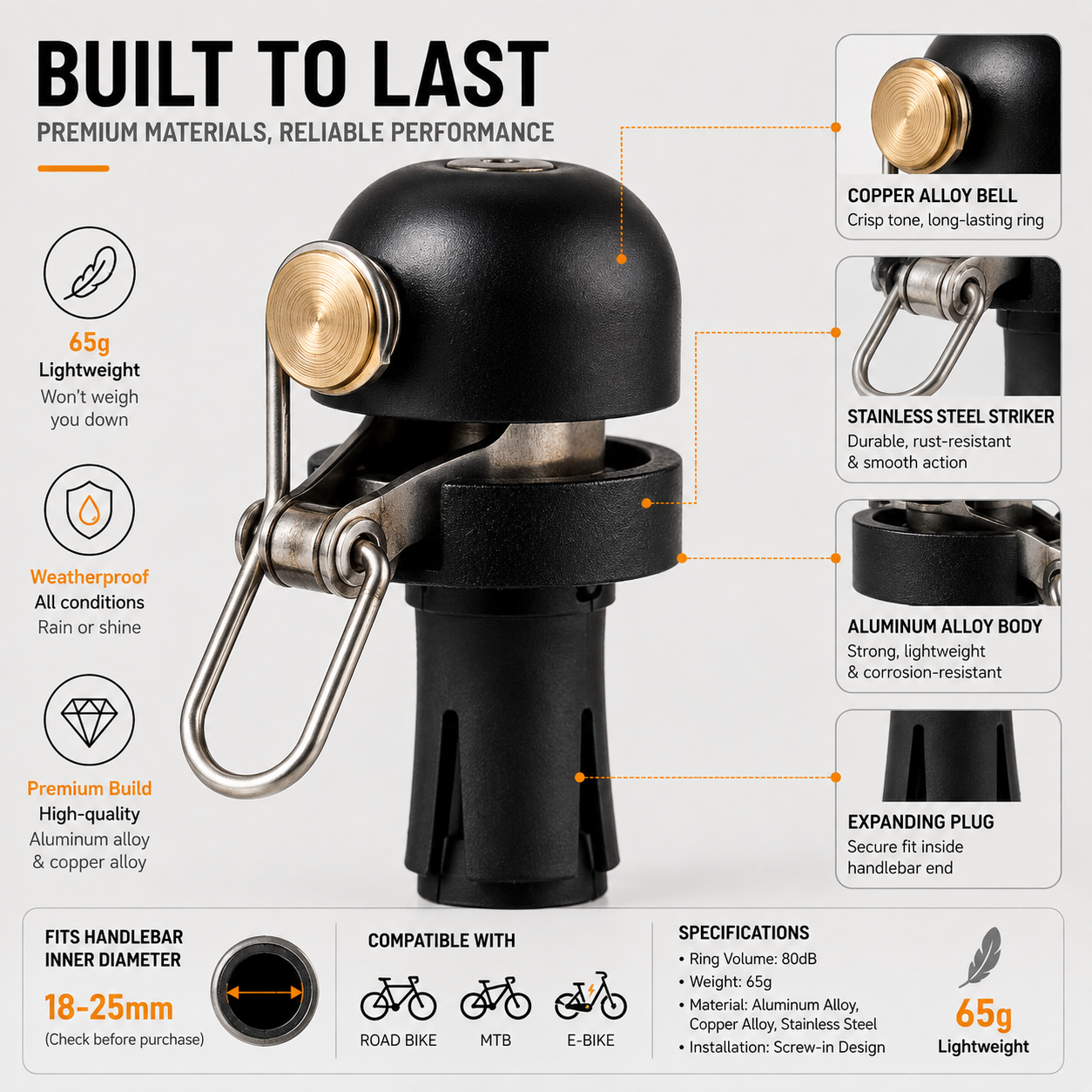 🔔 80dB Bar-End Bike Bell – Space-Saving Handlebar End Bell