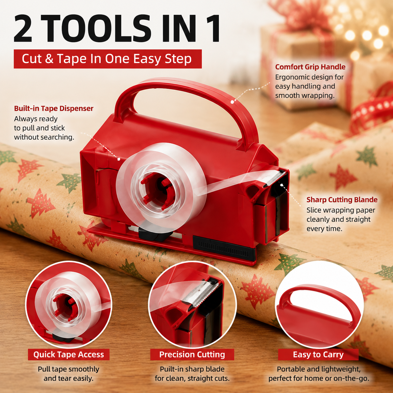 🎁 2-in-1 Wrapping Paper Cutter & Tape Dispenser – Faster Gift Wrapping Tool