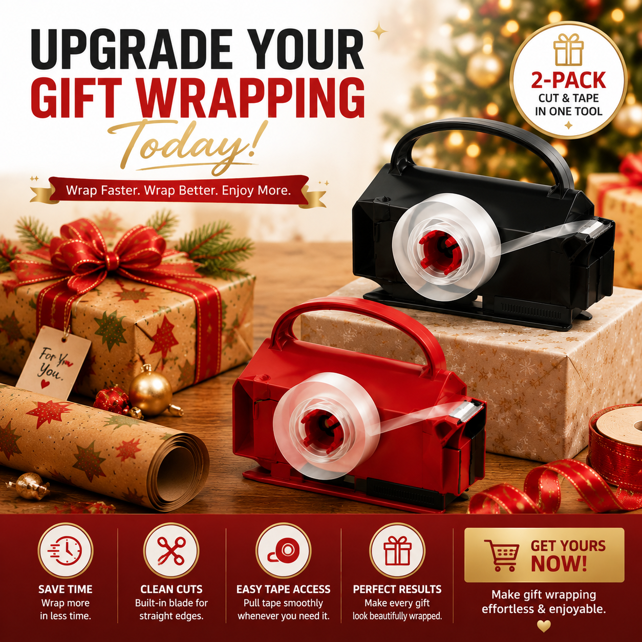 🎁 2-in-1 Wrapping Paper Cutter & Tape Dispenser – Faster Gift Wrapping Tool